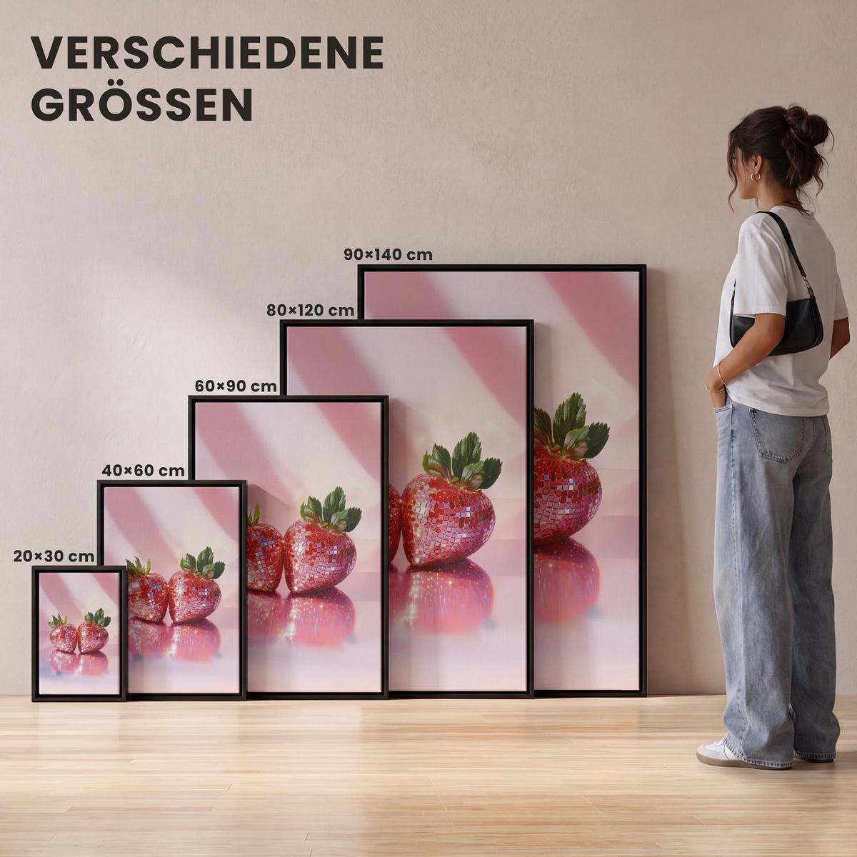 LEINWAND Bilder mit Rahmen - Disco - Obst - Glitzer - Erdbeere - 20x30 - Pink, Textil (20/30cm) - MuchoWow