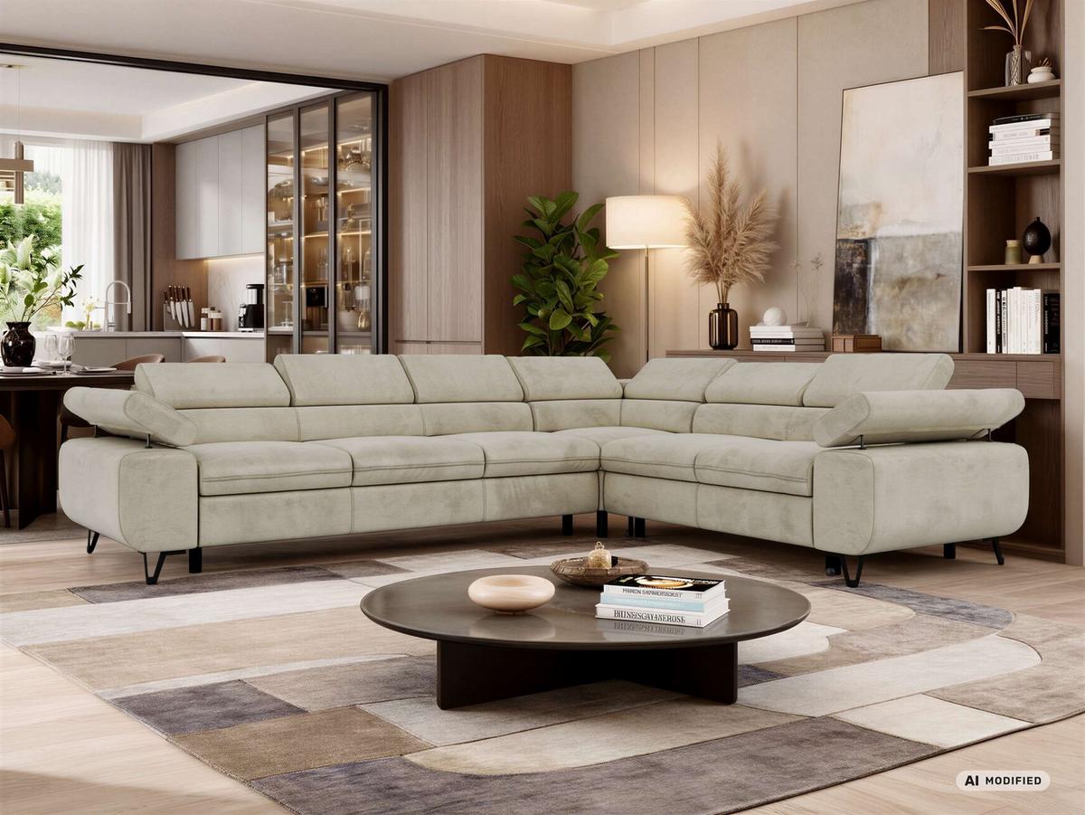 ECKSOFA NORDEN L - Beige Velvet - Links Seite - Beige/Schwarz, Textil/Metall (269/329cm) - MKS