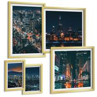 BILDER SET 5er Set - 50x50 cm & 20x30 cm & 40x60 cm Goldrahmen - Bergpanorama der Stadt bei Nacht - Goldfarben, Kunststoff (40/60cm) - TULUP