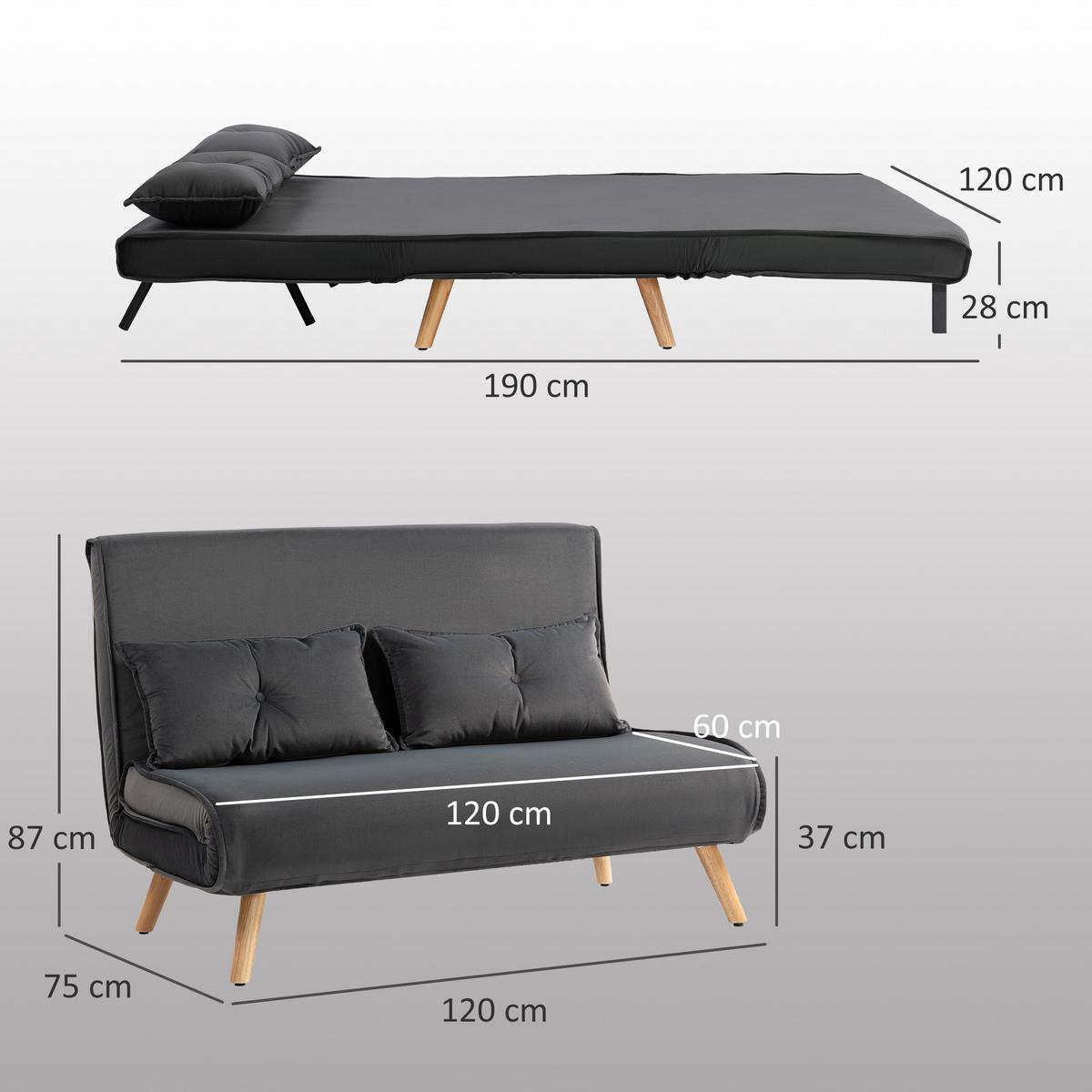 SCHLAFSOFA 3 in 1, 120 x 190 cm Schlaffunktion, Lendenkissen - Dunkelgrau/Naturfarben, Holz/Textil (75/87/120cm) - HOMCOM
