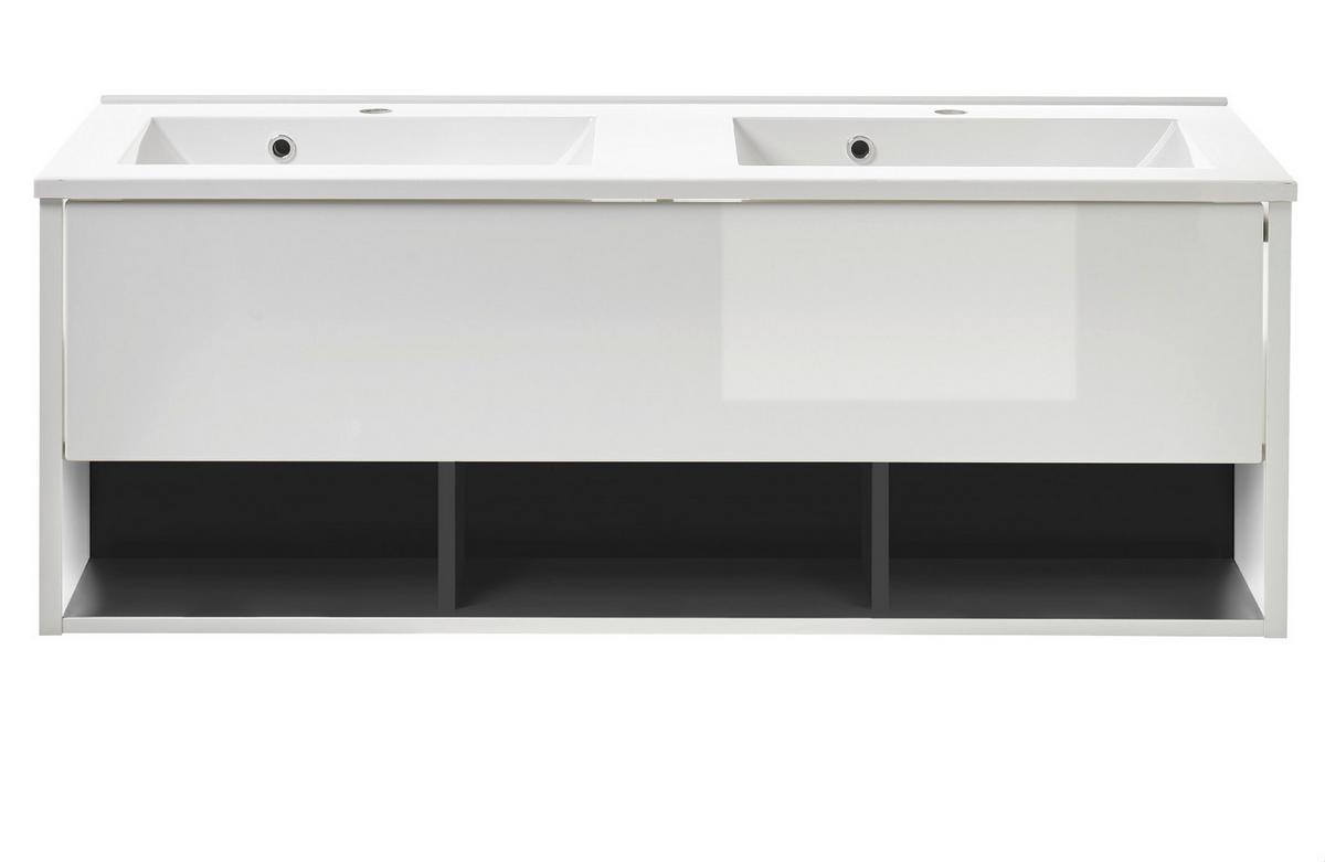 WASCHBECKENUNTERSCHRANK mit Doppelwaschbecken weiß Hochglanz, grau 120 cm - Weiß Hochglanz/Grau, Holzwerkstoff/Metall (120/44/47cm) - Furn.Design