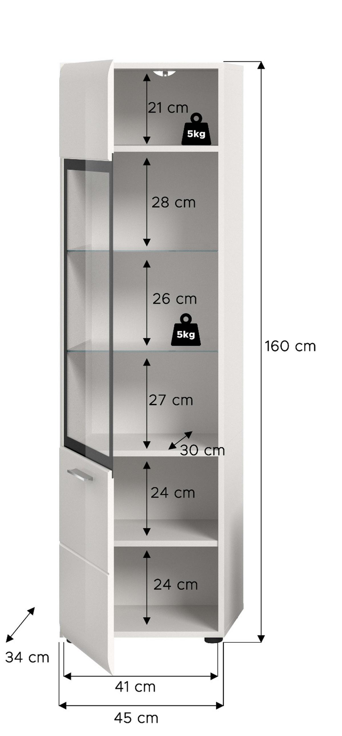 VITRINE weiß Hochglanz 45 x 160 cm, Vitrinenschrank mit 6 Fächern - Weiß Hochglanz/Silberfarben, Glas/Holzwerkstoff (45/160/34cm) - Inn.Furn