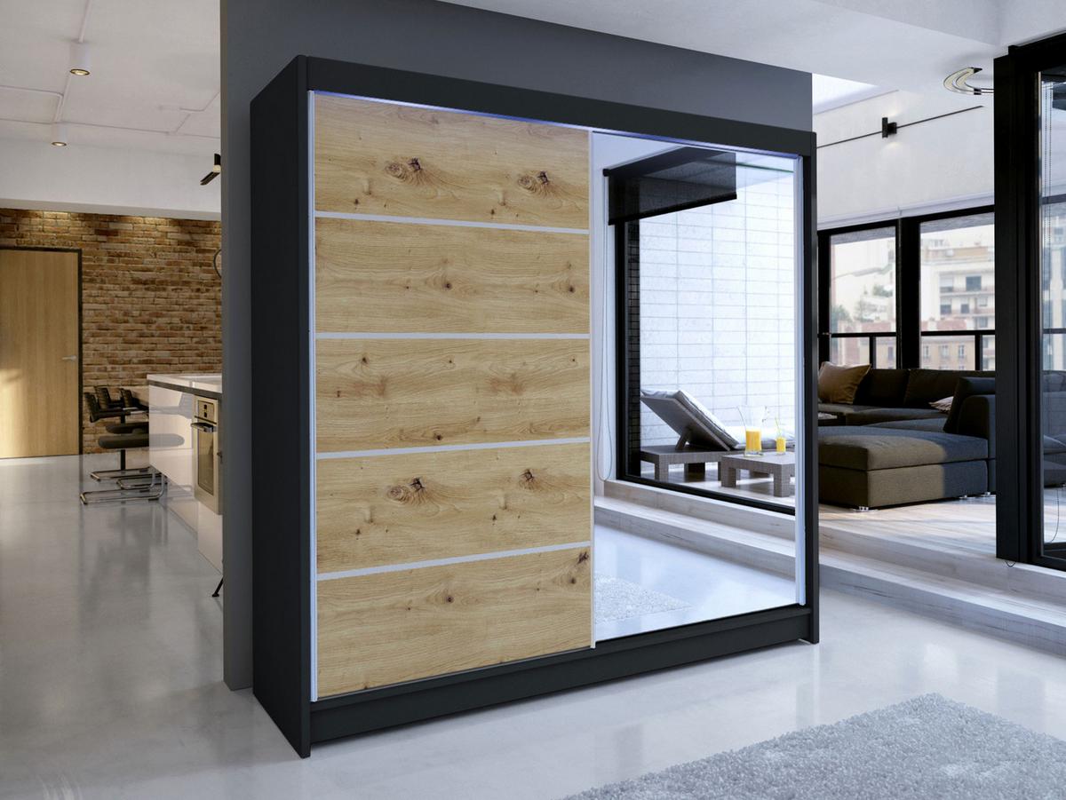 SCHWEBETÜRENSCHRANK Talin III, mit RGB LED Beleuchtung - Silberfarben/Braun, Holzwerkstoff/Metall (180/215/58cm) - MIRJAN24