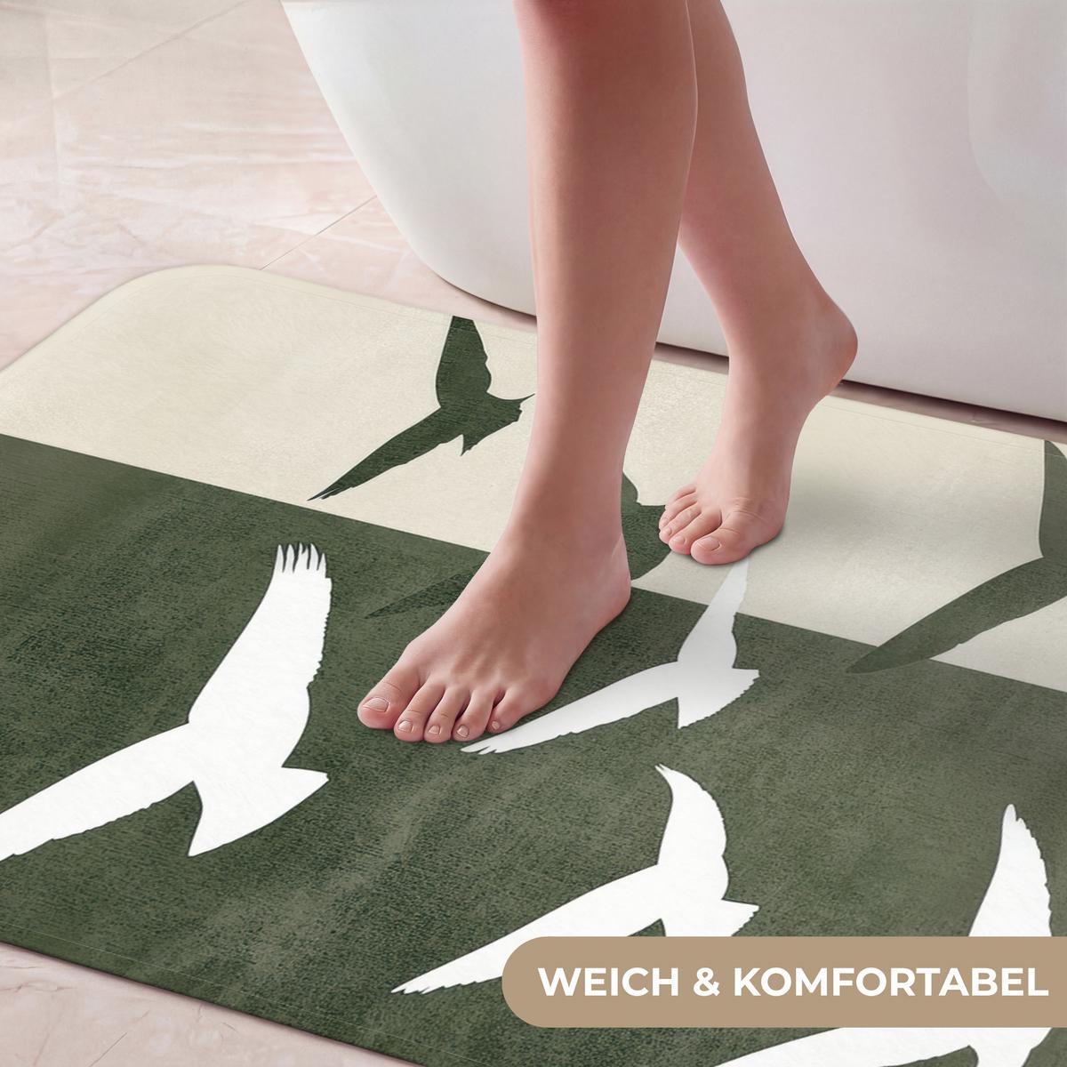 BADEMATTE Japandi - Vogel - Grün 60x120 cm - Olivgrün, Textil (60/120cm) - OnlyWow