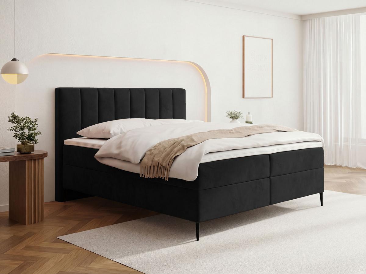 BOXBETT Allen mit Bettkasten, Samt Schwarz 160x200 cm – inkl. H4 Taschenfederkern Matratze & Foam Topper - Schwarz Hochglanz/Schwarz, Textil/Metall (160/200cm) - WFL GROUP