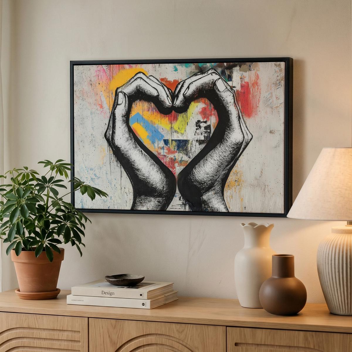 LEINWAND Bilder mit Rahmen - Hände - Herz - Straßenkunst - Graffiti - 60x40 - Multicolor, Textil (60/40cm) - MuchoWow