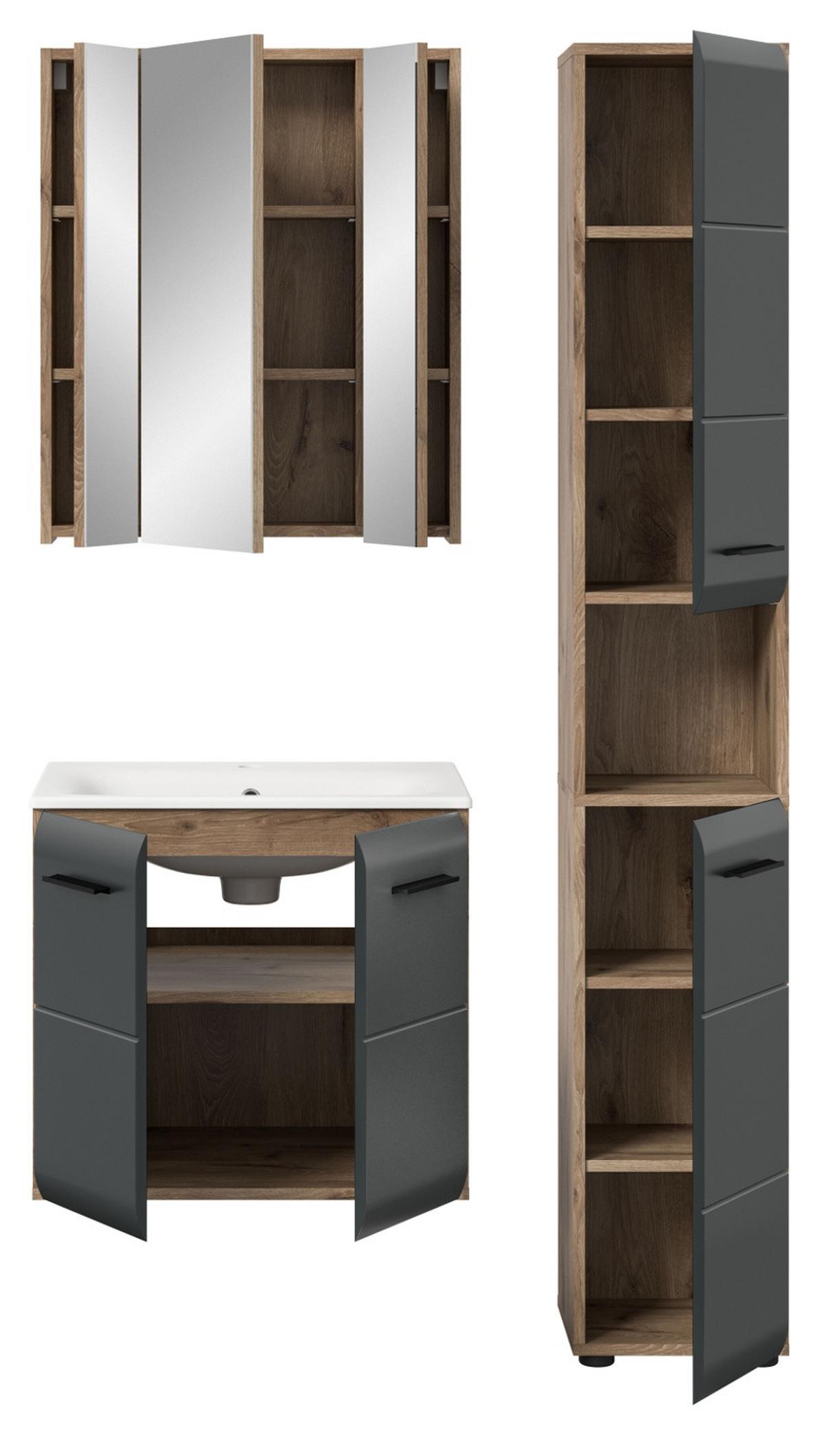 BADMÖBEL-SET 3-teilig Schwarz matt, Eiche Nox, Badezimmer Komplett-Set mit Waschbecken, 105 x 185 cm - Eichefarben/Schwarz, Glas/Keramik (105/185/46cm) - Inn.Furn