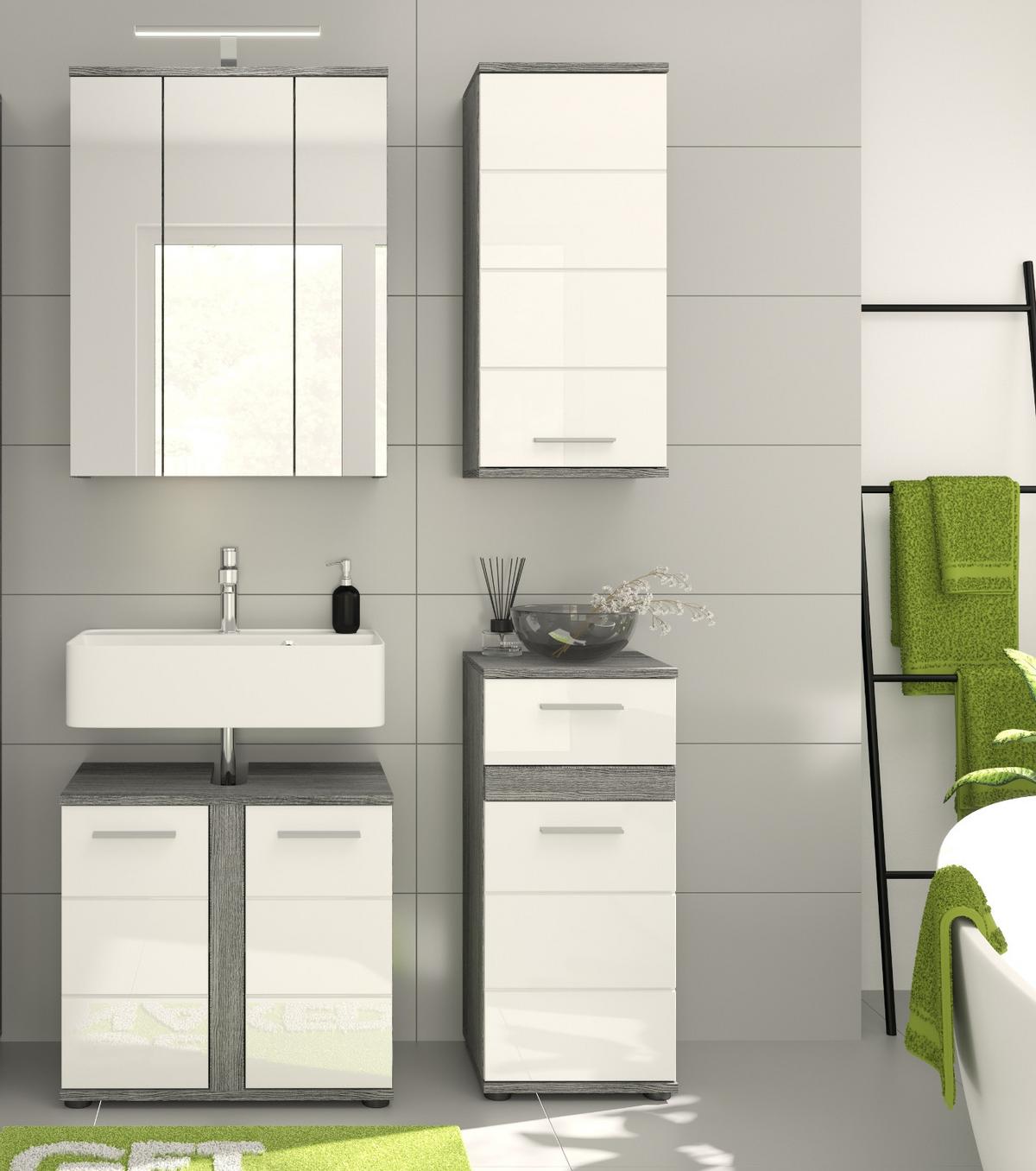 KOMMODE weiß Hochglanz, grau Rauchsilber 35 cm, Badschrank mit Schublade - Weiß Hochglanz/Silberfarben, Holzwerkstoff/Kunststoff (35/79/31cm) - Inn.Furn