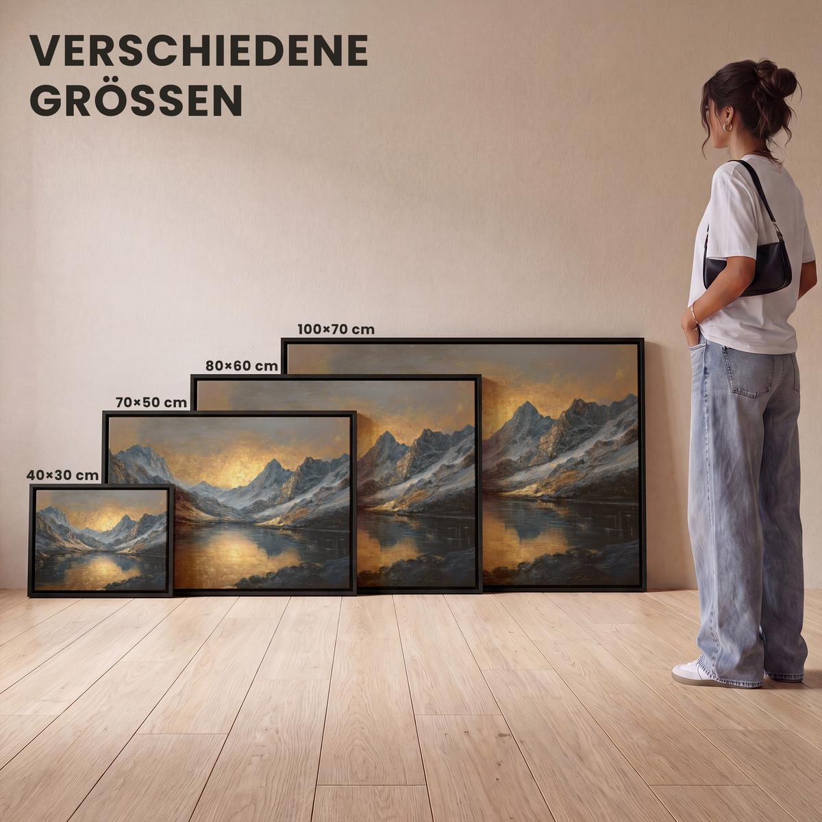 LEINWAND Bilder mit Rahmen - Bergkulisse mit goldenem Sonnenuntergang - 100x70 - Goldfarben, Textil (100/70cm) - MuchoWow