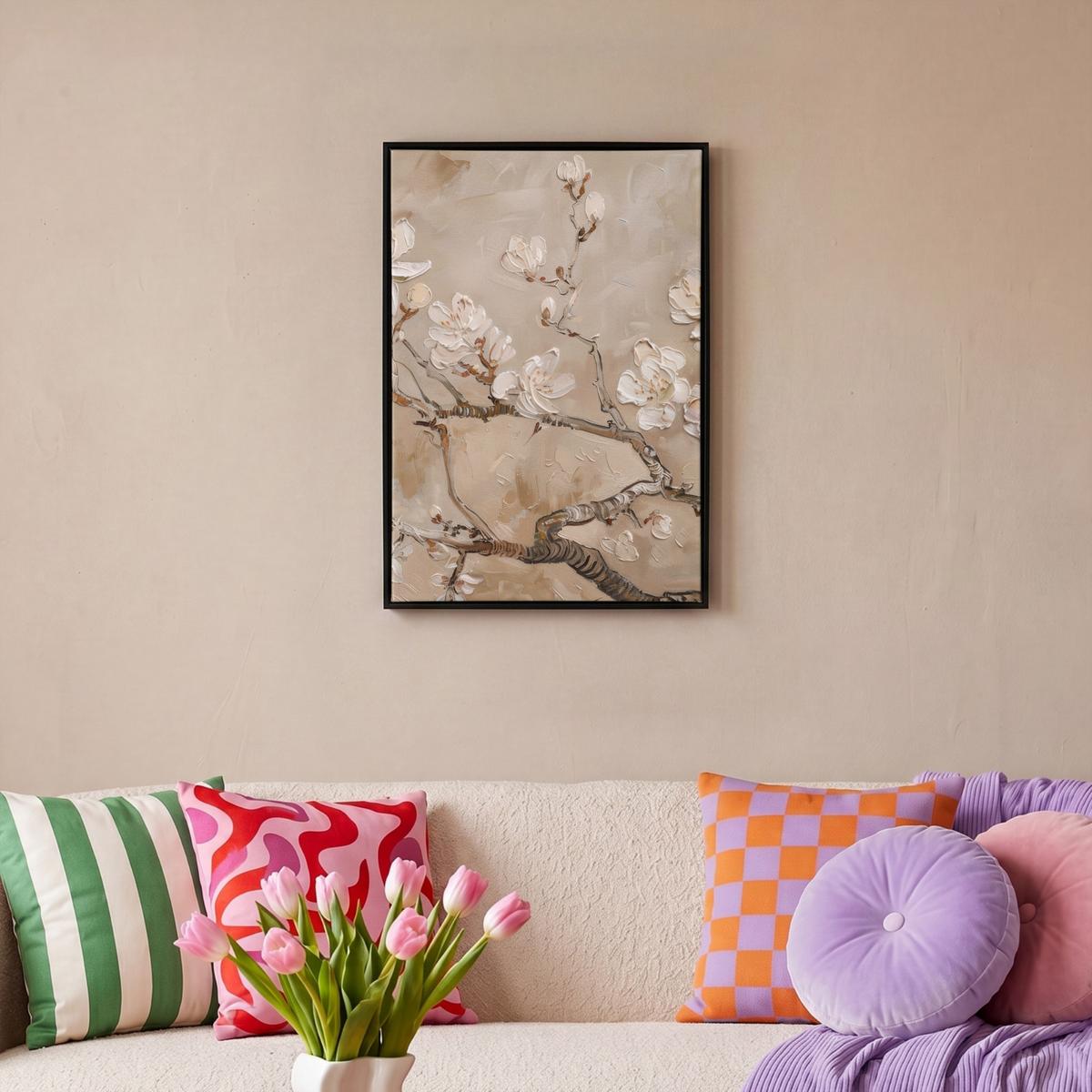 LEINWAND Bilder mit Rahmen - Blumen - Modern - Beige - Weiß - Blüte - 40x60 - Beige, Textil (40/60cm) - MuchoWow