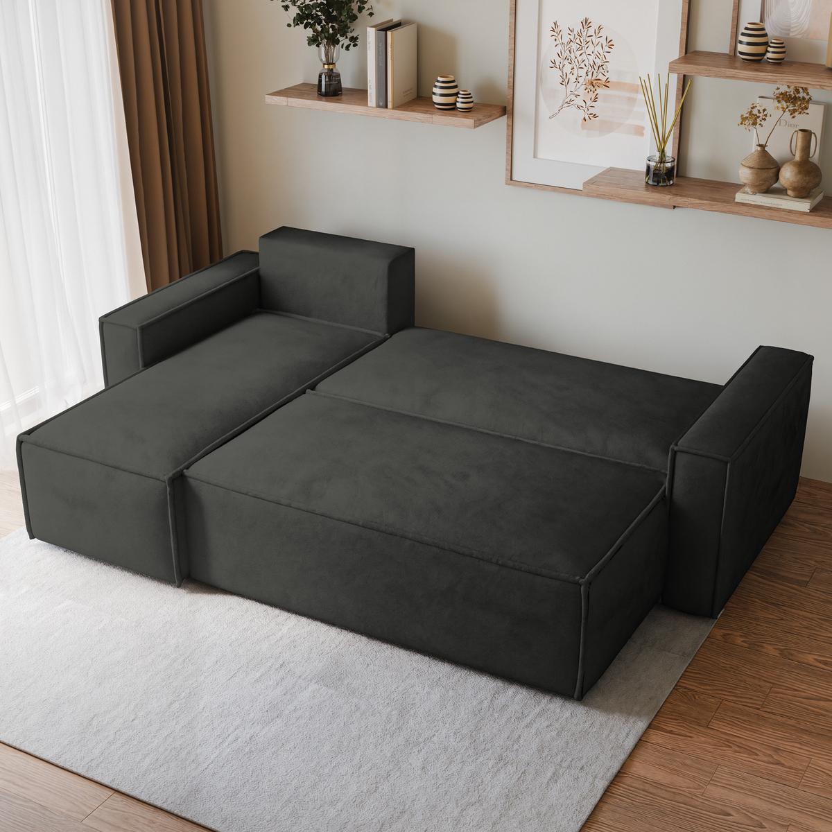 ECKSOFA RAVELO M Schwarz Velours-Stoff mit Schlaffunktion - Schwarz/Grau, Holz/Kunststoff (240/140cm) - MASSENO