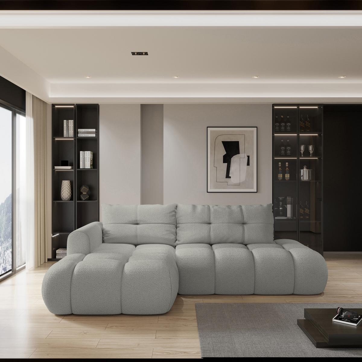 ECKSOFA FLUMA L-S Hellgrau Boucle-Stoff mit Schlaffunktion - Hellgrau, Holz (279/158cm) - MASSENO