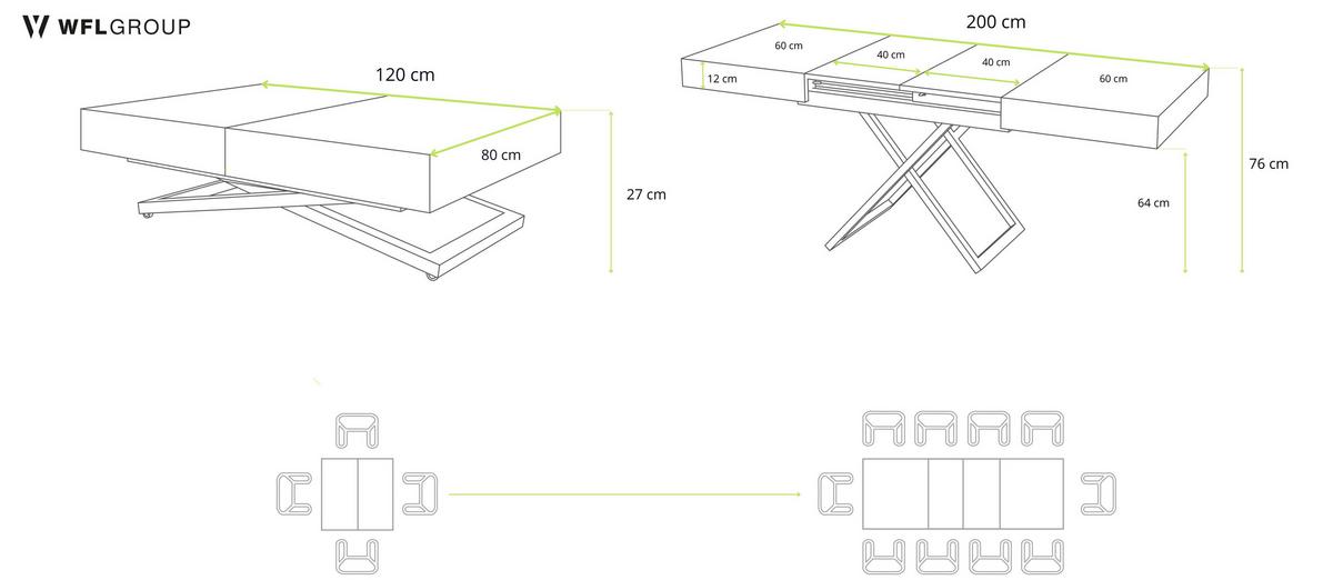 COUCHTISCH Cavetta U höhenverstellbar ausziehbar, Schwarz 120-200/80/27-76 cm - Kaschmir/Schwarz, Holzwerkstoff/Metall (80/120/76cm) - WFL GROUP