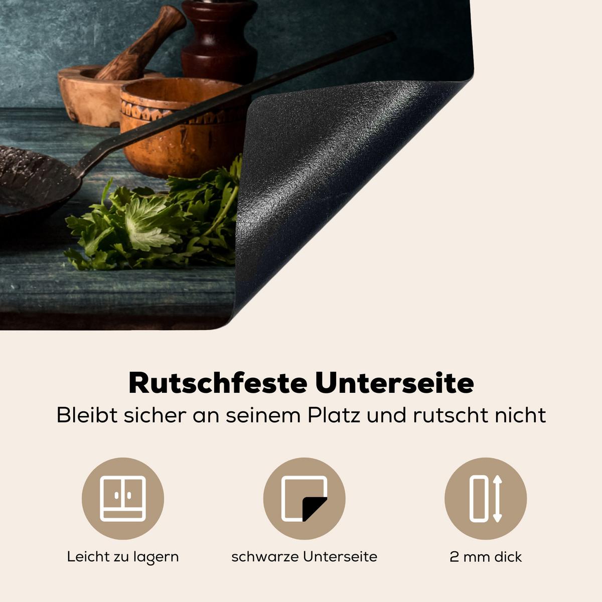 HERDABDECKPLATTE Kräuter - Gewürze - Pfanne - Messer - Grau - Rustikal Abdeckung Ceranfeld 81.2x52 cm - Petrol, Kunststoff (81.2/52/0.2cm) - MuchoWow