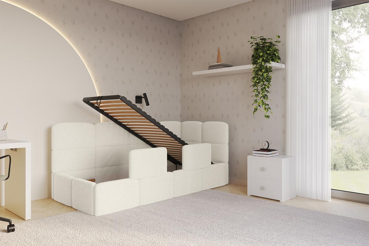EINZELLBETT Jugendbett mit Bettkasten, Links - KIVY 90x200 Beige - Creme, Holzwerkstoff/Textil (90/200cm) - ALTDECOR