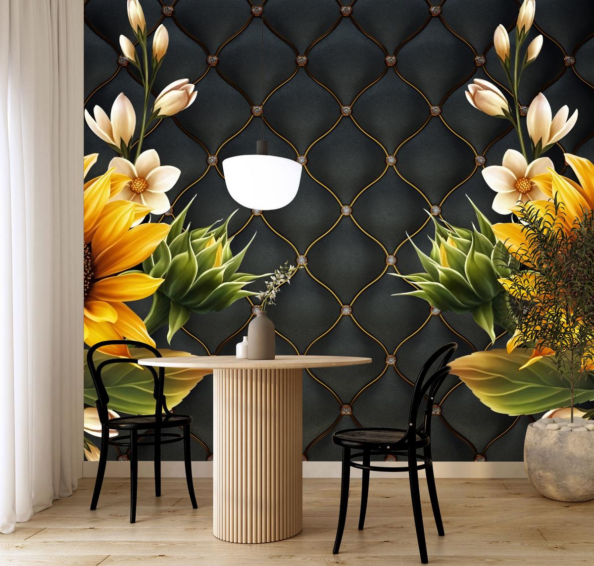 FOTOTAPETE für Küche Blume Sonnenblumen auf gestepptem Hintergrund 100x70 - Gelb/Schwarz, Papier (100/70cm) - Muralo