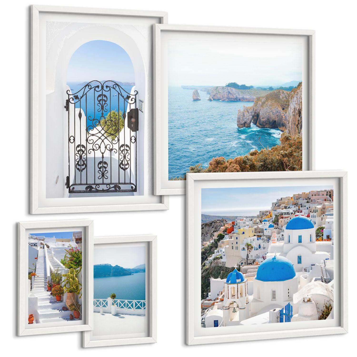 BILDER SET 5er Set - 50x50 cm & 20x30 cm & 40x60 cm Weißer Rahmen - Weiße Treppenpflanzen Meer - Weiß, Kunststoff (40/60cm) - TULUP