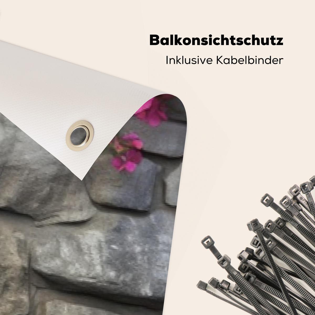 BALKON-SICHTSCHUTZ Bougainvillea - Steinmauer - Rosa Deko XXL 500x100 cm - Magenta, Kunststoff (500/100cm) - MuchoWow