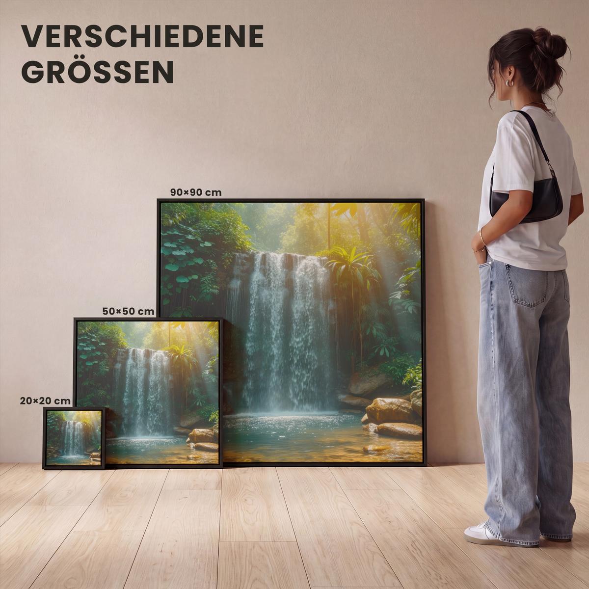 LEINWAND Bilder mit Rahmen - Wasserfall - Dschungel - Sonne - Grün - Natur - 90x90 - Grün, Textil (90/90cm) - MuchoWow