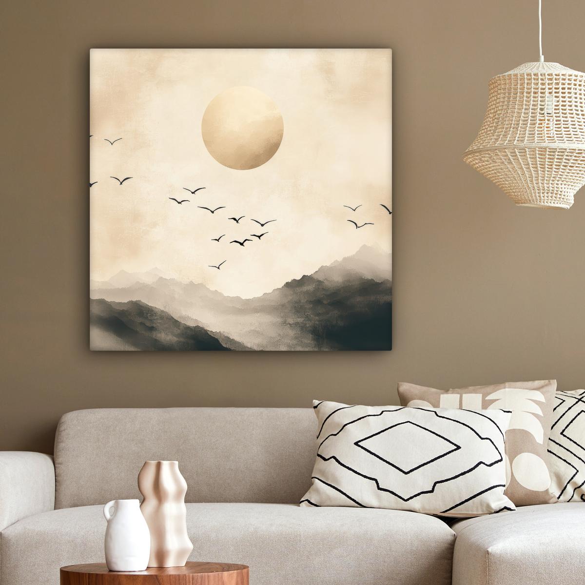 LEINWANDBILD Landschaft - Japandi - Vogel Deko Groß 90x90 cm - Beige, Textil (90/90cm) - MuchoWow
