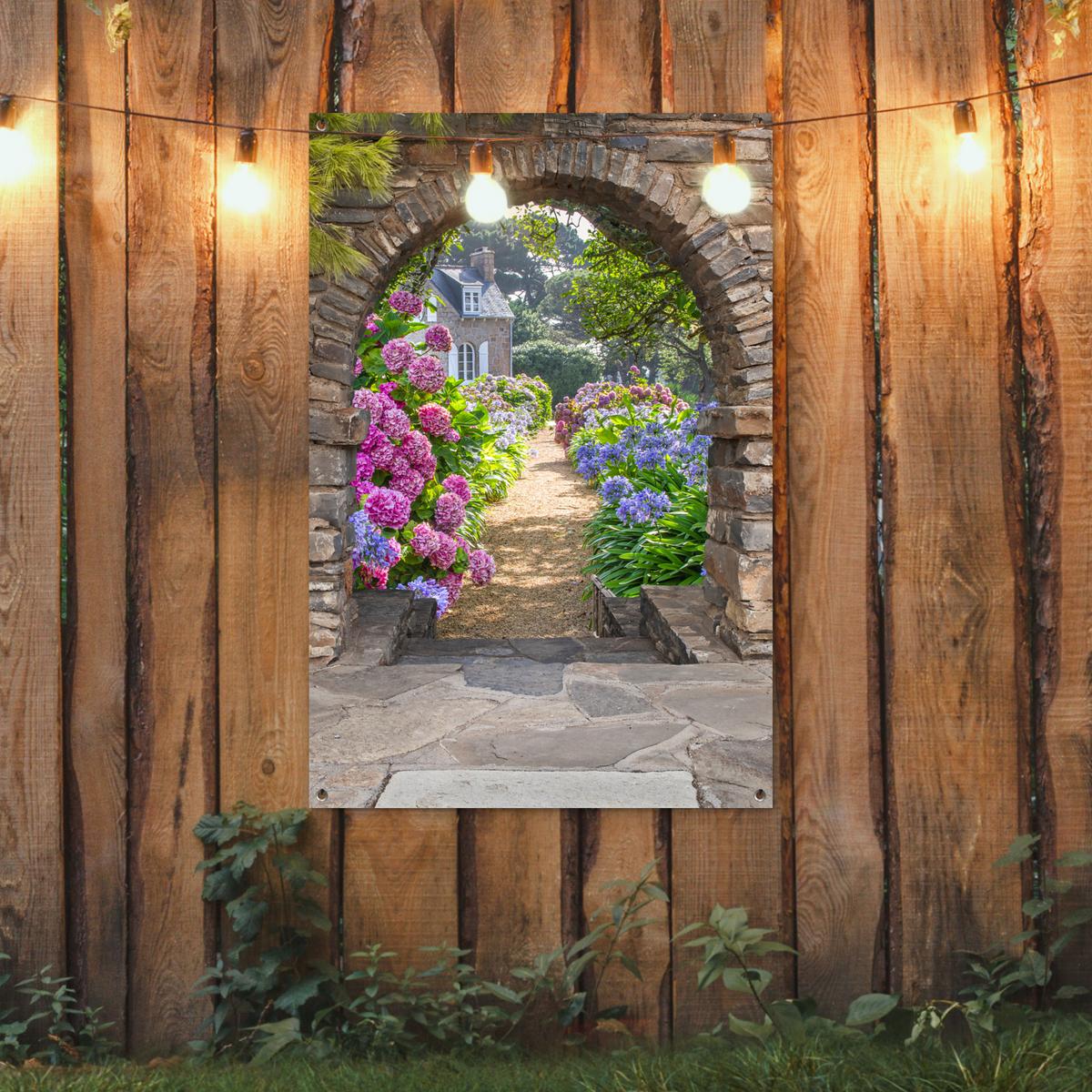 GARTENPOSTER Blumen - Guck-guck - Hortensie - Sommer Outdoor Bilder 80x120 cm - Braun, Kunststoff (80/120/0.2cm) - OnlyWow