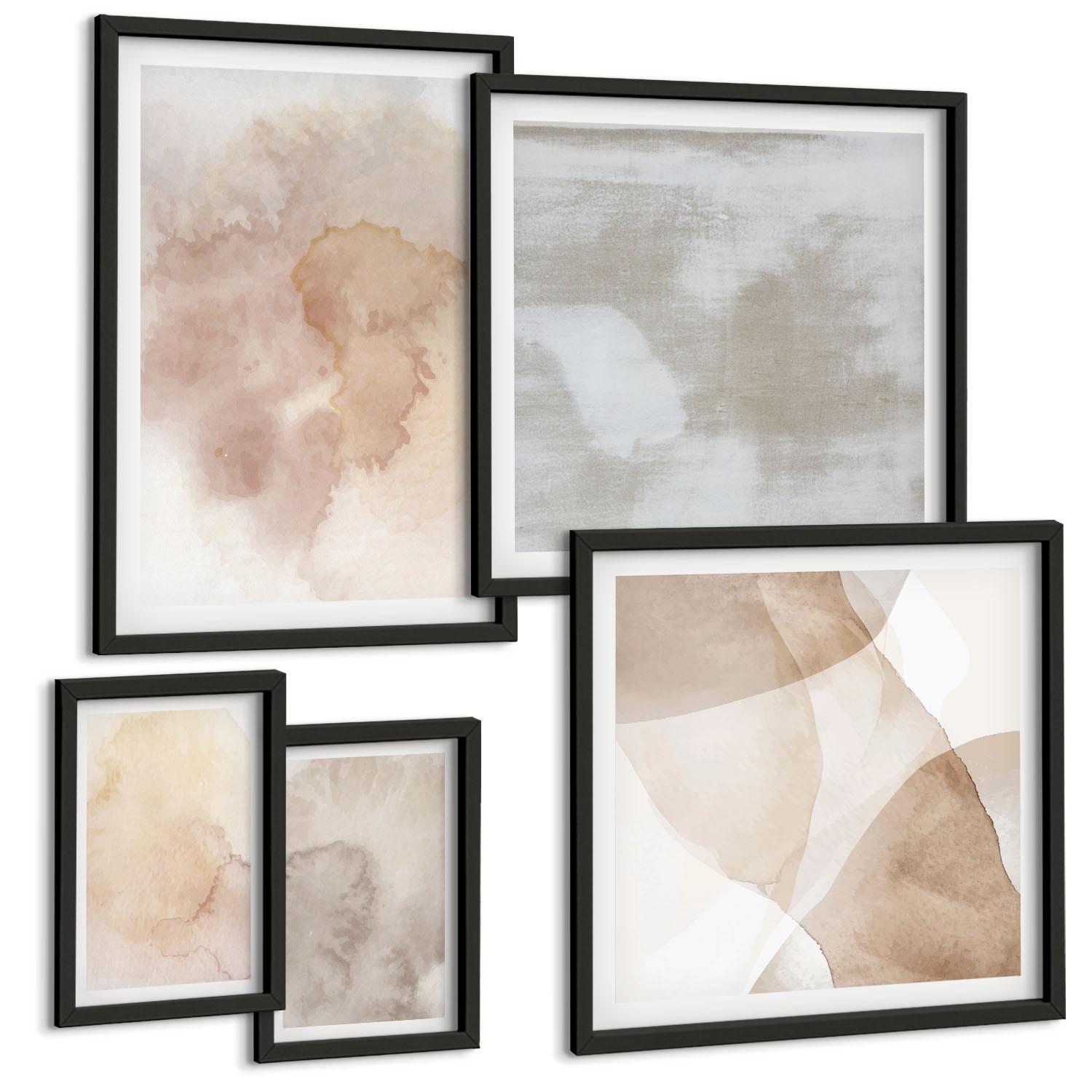 BILDER SET 5er Set - 50x50 cm & 20x30 cm & 40x60 cm Schwarzer Rahmen - Warme Aquarell-Pastelltexturen - Schwarz, Kunststoff (40/60cm) - TULUP
