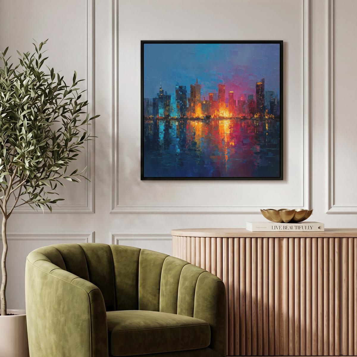 LEINWAND Bilder mit Rahmen - Skyline - Pinselstriche - Dunkelblau - Leuchtend - 50x50 - Blau, Textil (50/50cm) - MuchoWow