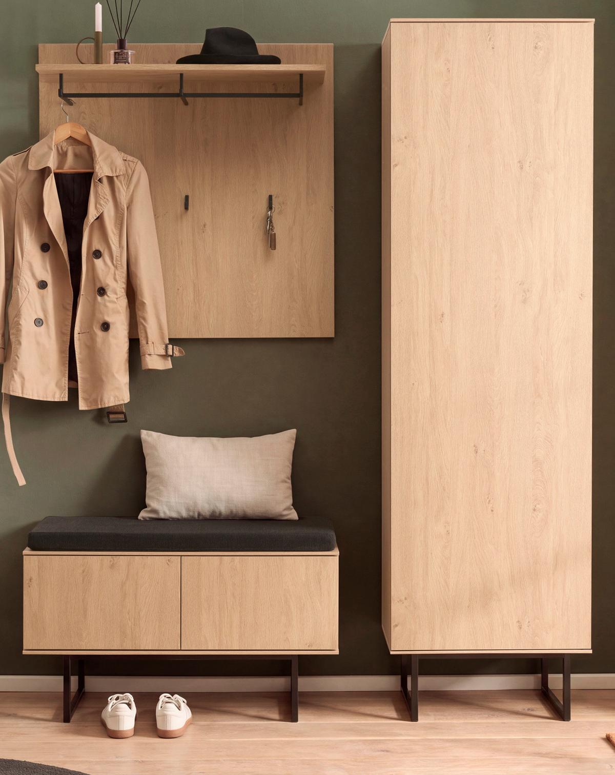 GARDEROBE-SET Stone Eiche 4-teilig 158 cm, Set mit viel Stauraum - Eichefarben/Schwarz, Holzwerkstoff/Metall (158/200/40cm) - Furn.Design