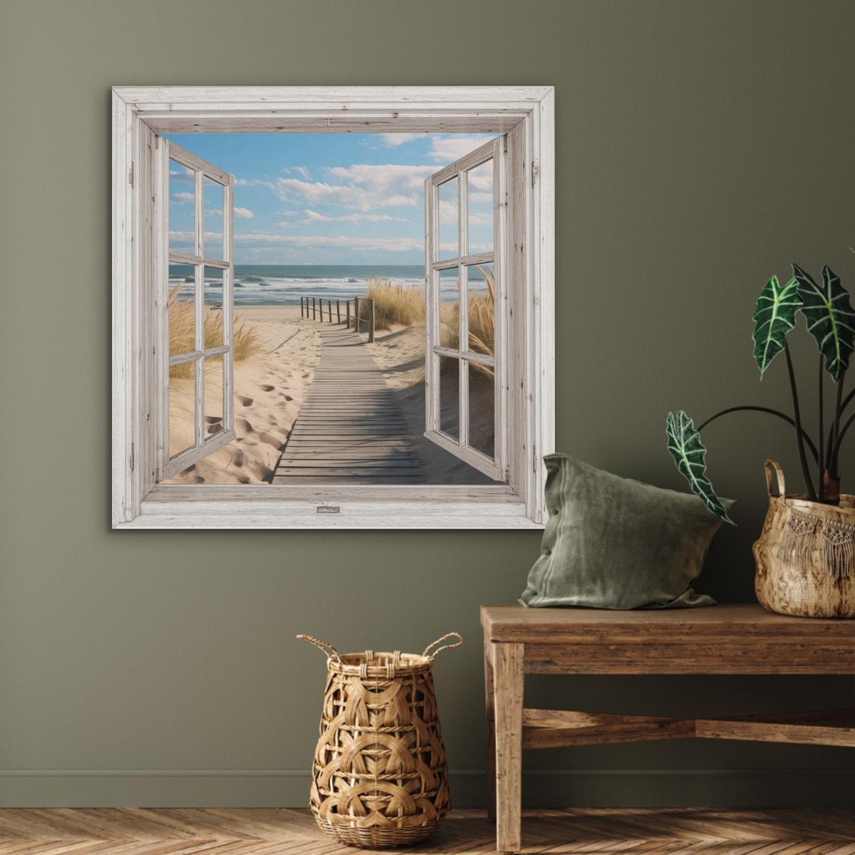 AKUSTIKBILD Fenster - Meer - Küste - Natur - Ausblick - Strand - Wattenmeer Akustikpaneele 90x90 cm - Beige, Kunststoff (90/90/0.9cm) - MuchoWow