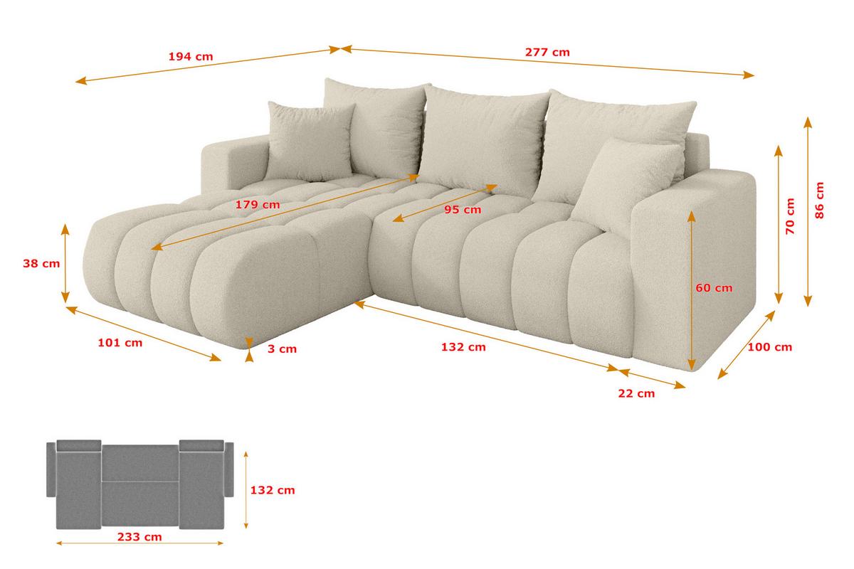 ECKSOFA mit Schlaffunktion Ottomane Links MILA-L-v1 277x195x86 Beige Bouclé - Sandfarben/Beige, Holzwerkstoff/Kunststoff (277/194cm) - ALTDECOR