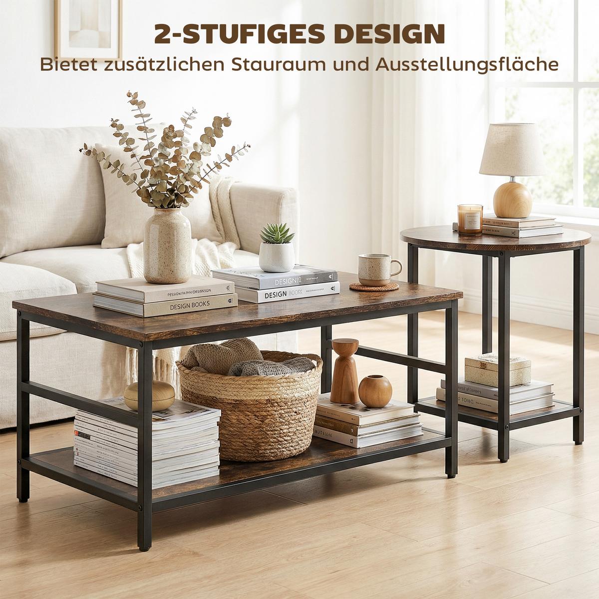 COUCHTISCH 2er Set Stahl Holzwerkstoff Rustikal-Braun - Schwarz/Braun, Holzwerkstoff (80/54/41cm) - HOMCOM