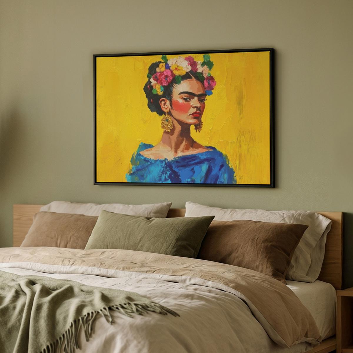 LEINWAND Bilder mit Rahmen - Frida Kahlo - Frau - Gelb - Blau - Blumen - 80x60 - Gelb, Textil (80/60cm) - MuchoWow