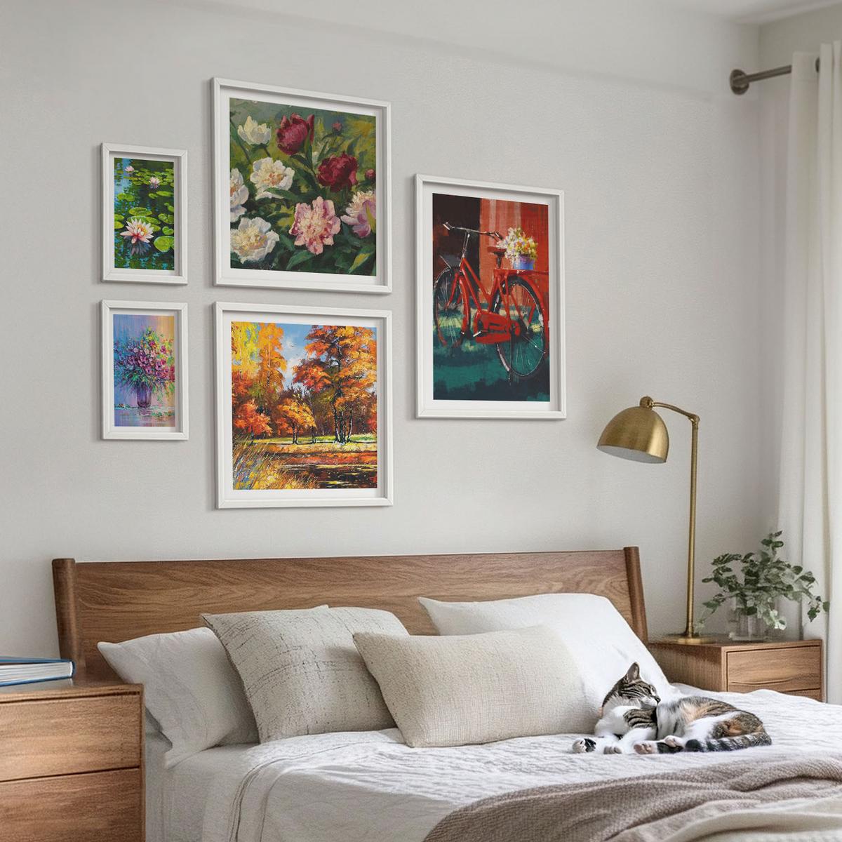 BILDER SET 5er Set - 50x50 cm & 20x30 cm & 40x60 cm Weißer Rahmen - Seerosen, Fahrradblumen - Weiß, Kunststoff (40/60cm) - TULUP