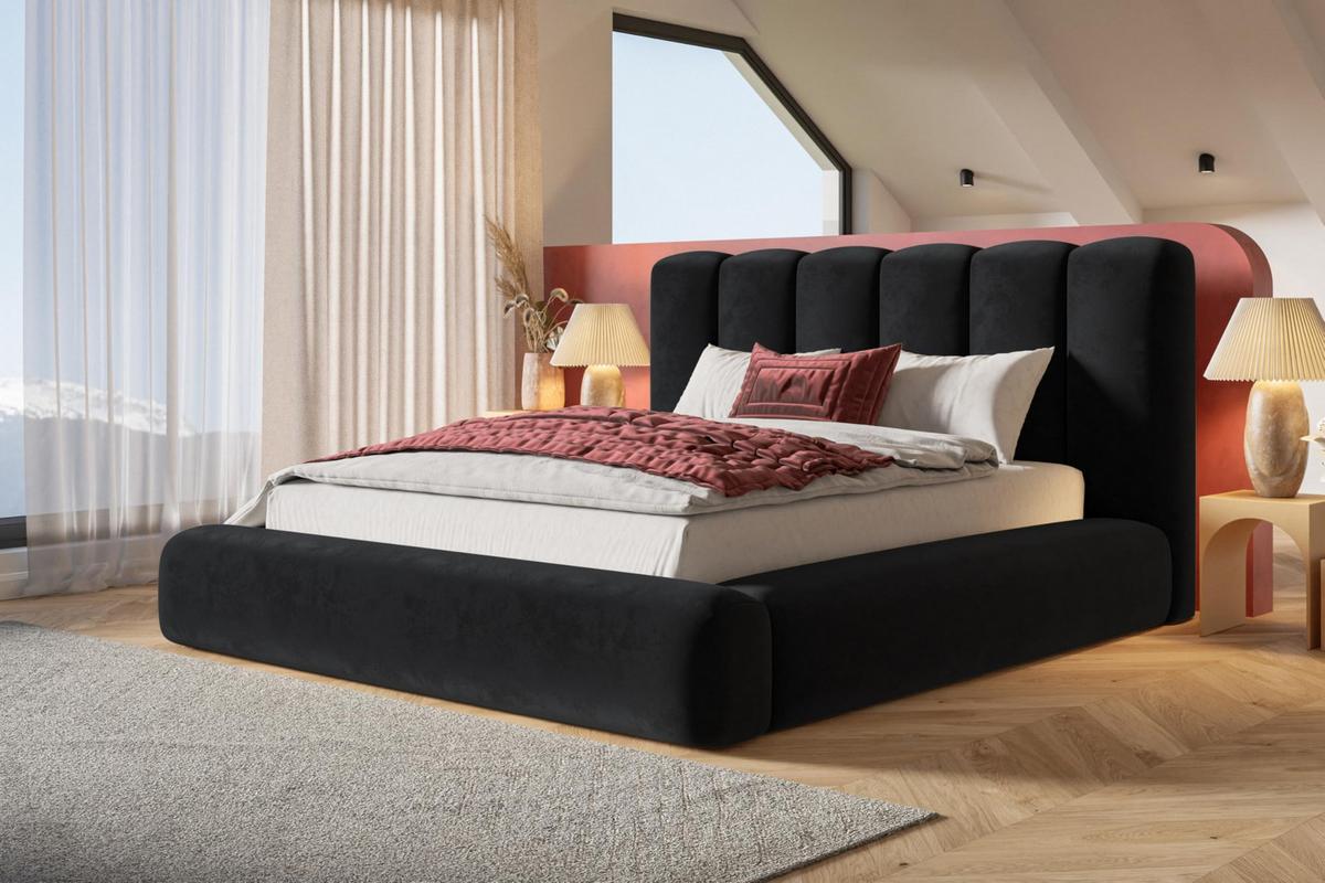 BETT 140x200 - Polsterbett mit Bettkasten und Metallrahmen - Modern Bett - Eleganter Amor-Velvet-Stoff - Kollektion Alva Maxi - Schwarz - Schwarz, Holz/Textil (140/200cm) - Alpi-Möbel