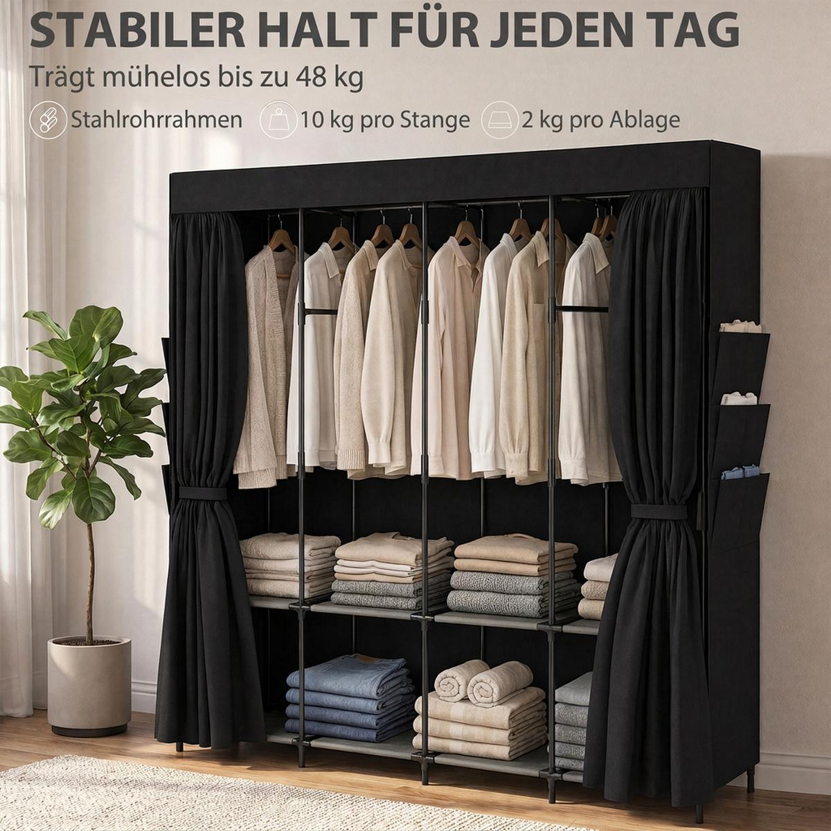 STOFF-KLEIDERSCHRANK Vliesstoff Stahl Schwarz - Schwarz, Textil (45/167/170cm) - HOMCOM