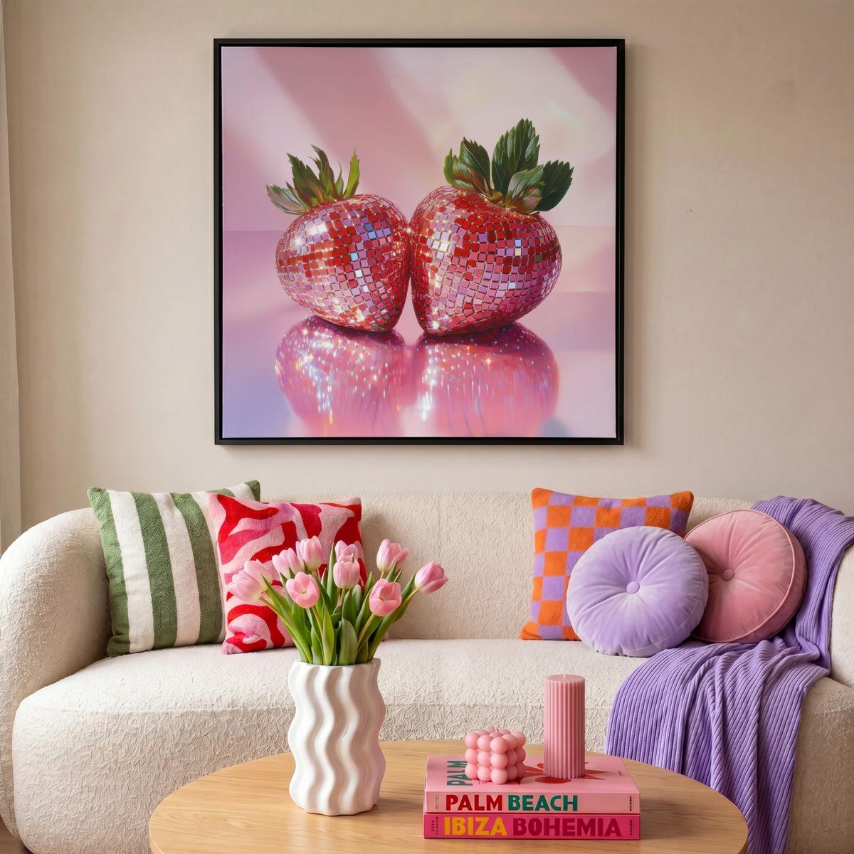 LEINWAND Bilder mit Rahmen - Disco - Obst - Glitzer - Erdbeere - 90x90 - Pink, Textil (90/90cm) - MuchoWow