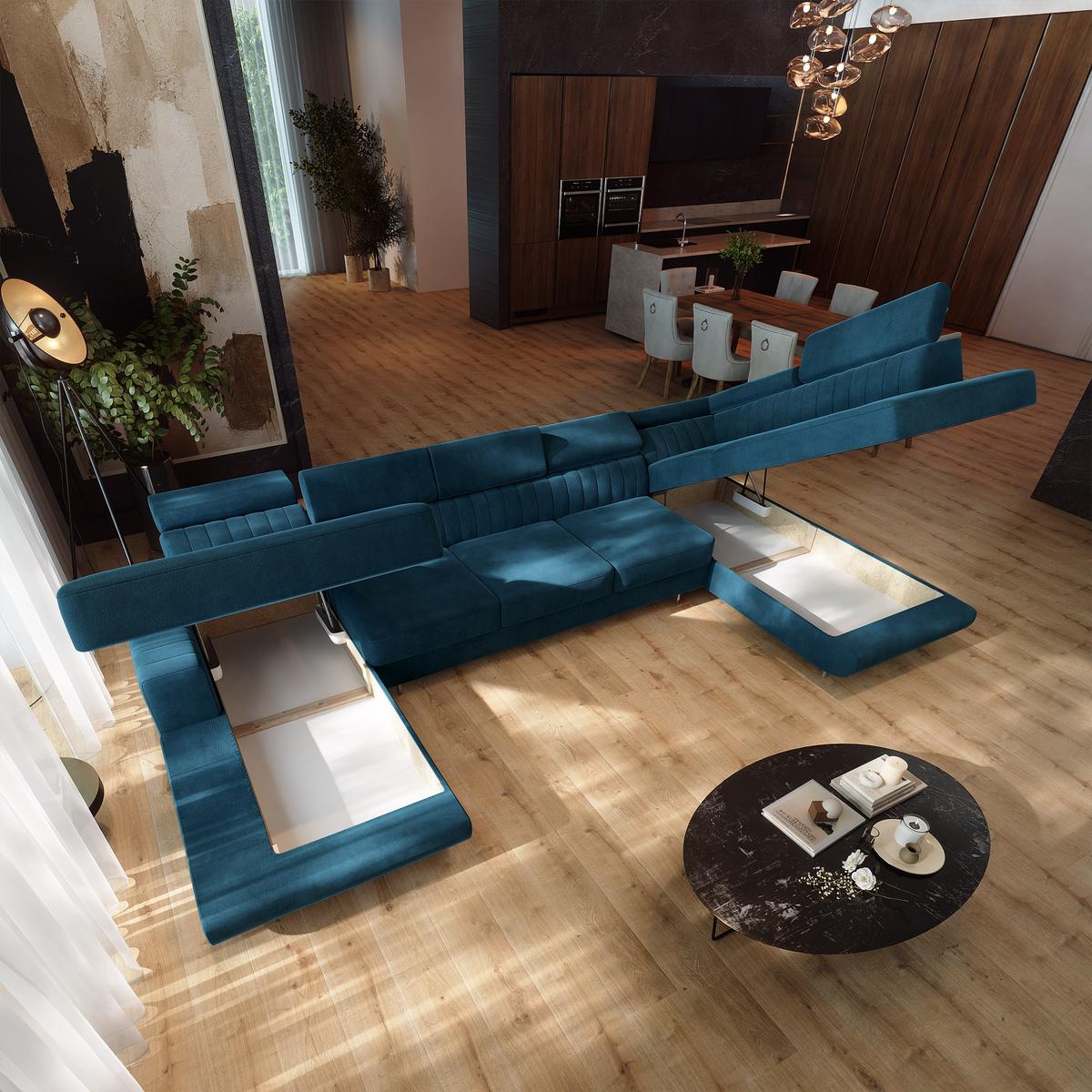 WOHNLANDSCHAFT GAIAN Blau Velours-Stoff mit Schlaffunktion - Blau, Holz (412/88/190cm) - MASSENO