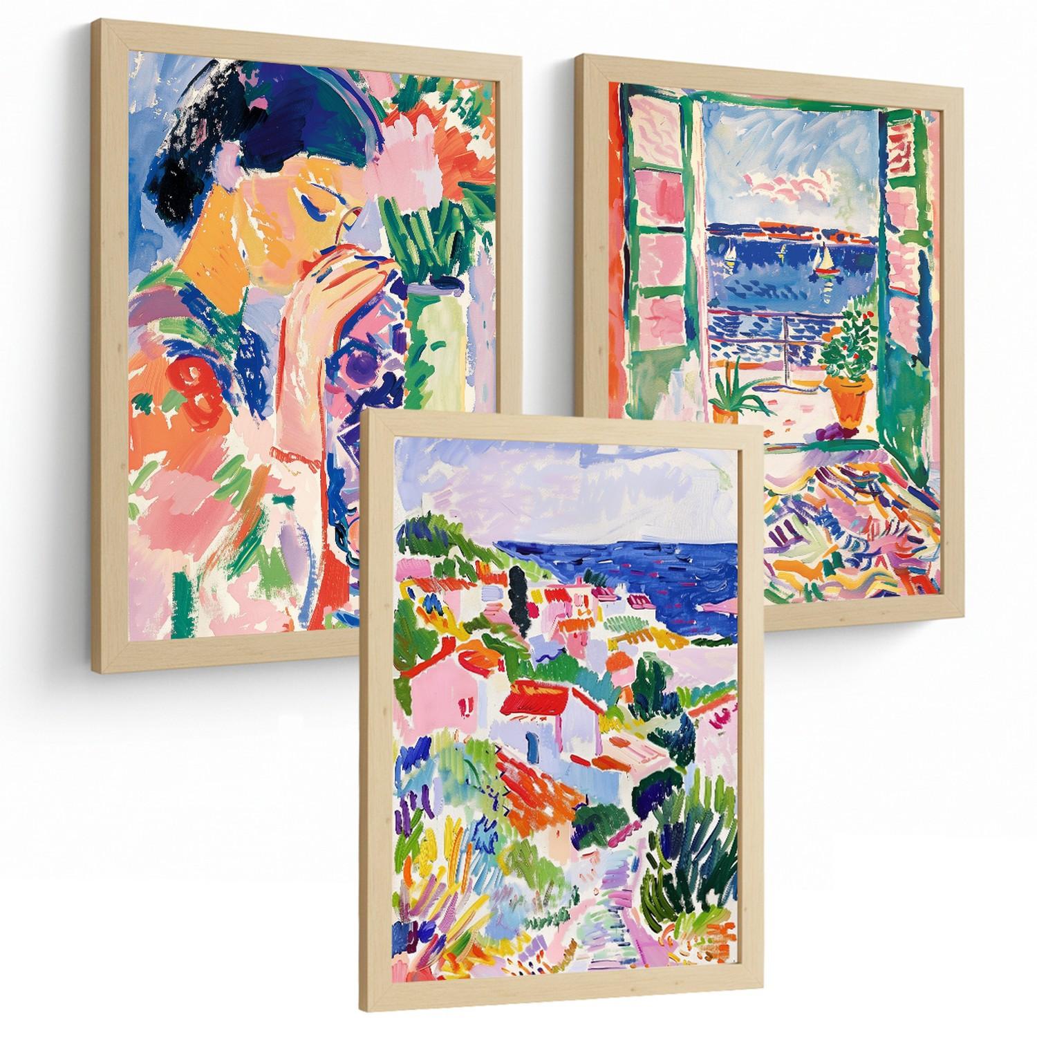 POSTER 3er Bilder-Set Wandbilder Maritim Blau modern Wohnzimmer Deko, Schlafzimmer, Küche, Badezimmer Leichter Holzrahmen A3 - Beige, Papier (29.7/1/42cm) - Nacnic