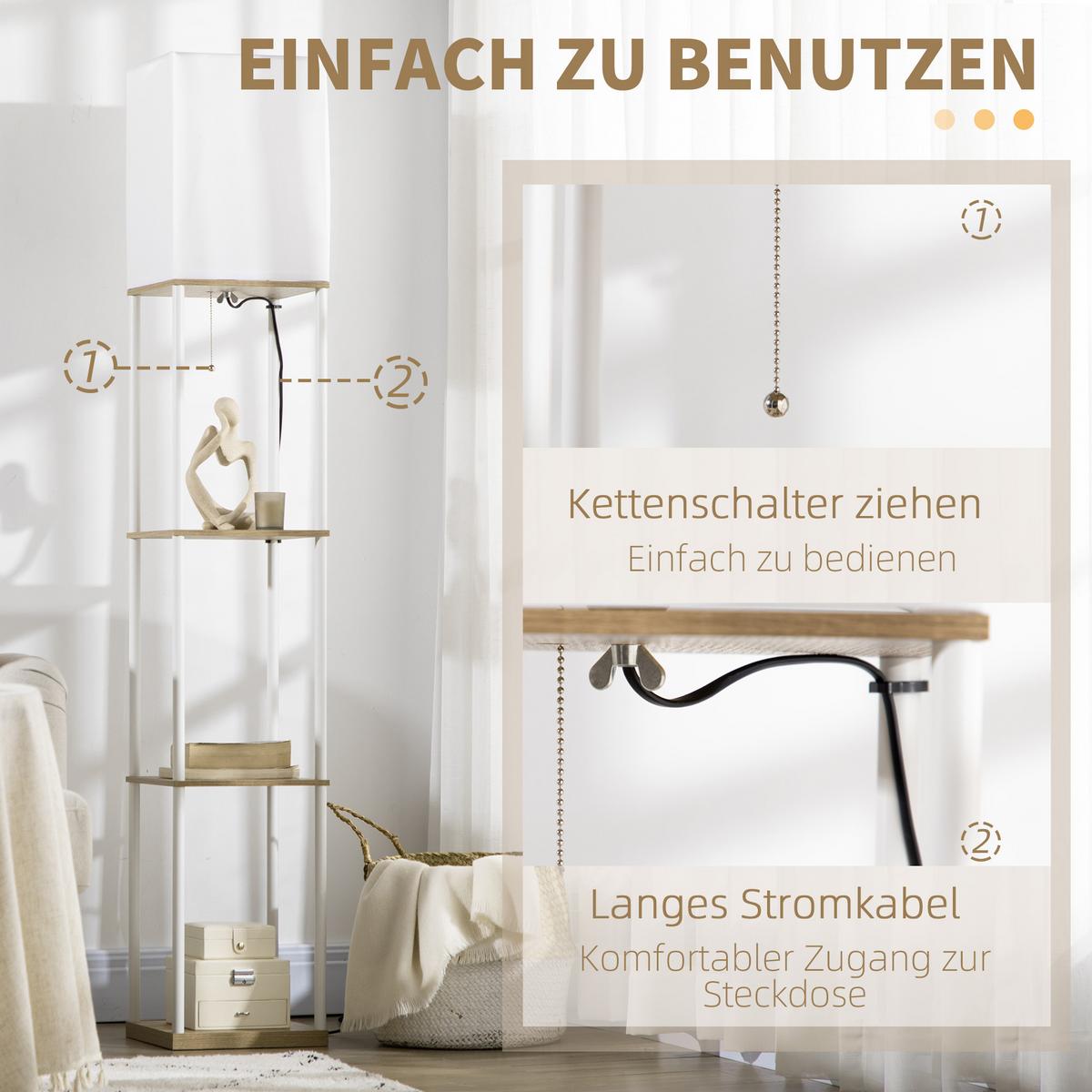 STEHLAMPE, Stehleuchte mit 3 Fächern, E27 Sockel, Weiß, exkl. Glühbirne - Weiß, Holzwerkstoff (26/26/159cm) - HOMCOM