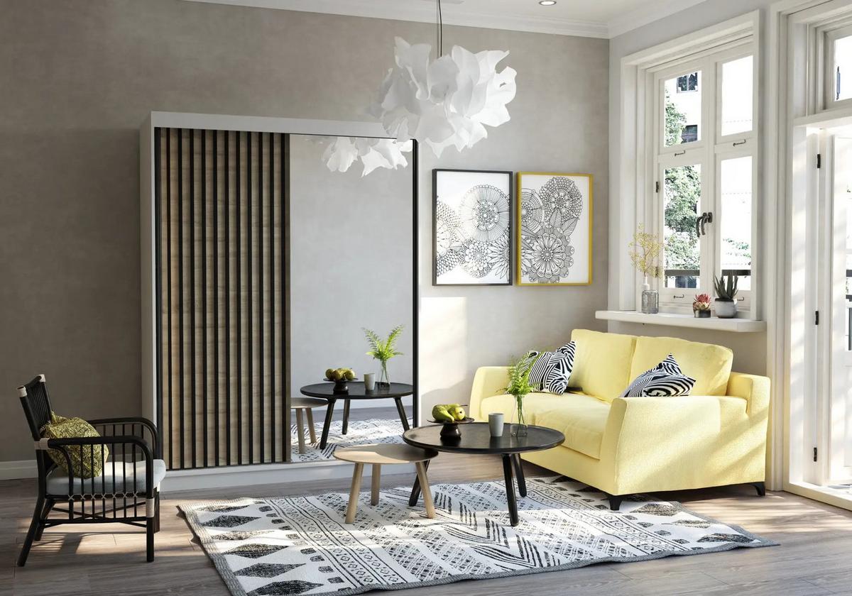 SCHWEBETÜRENSCHRANK Lami S Sonoma Eiche/Sonoma Eiche mit Spiegel, mit LED-Beleuchtung 150cm - Alufarben/Eiche Artisan, Glas/Holzwerkstoff (150/200/61cm) - imoebel24