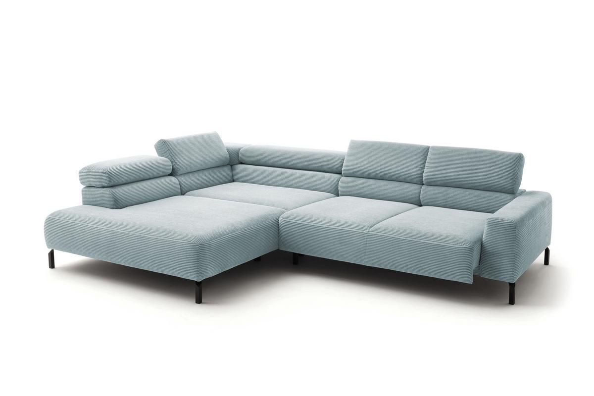 ECKSOFA DELIA Hellblau Cord Relaxfunktion - Schwarz/Hellblau, Textil/Metall (276/219cm) - KAWOLA