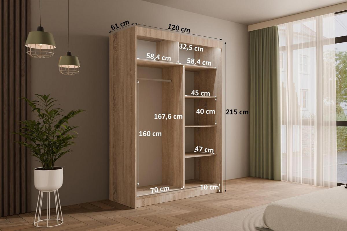 KLEIDERSCHRANK VESLI mit LED - 120 cm - Sonoma Eiche|Weiß - Weiß/Sonoma Eiche, Holzwerkstoff (120/215/61cm) - ALTDECOR