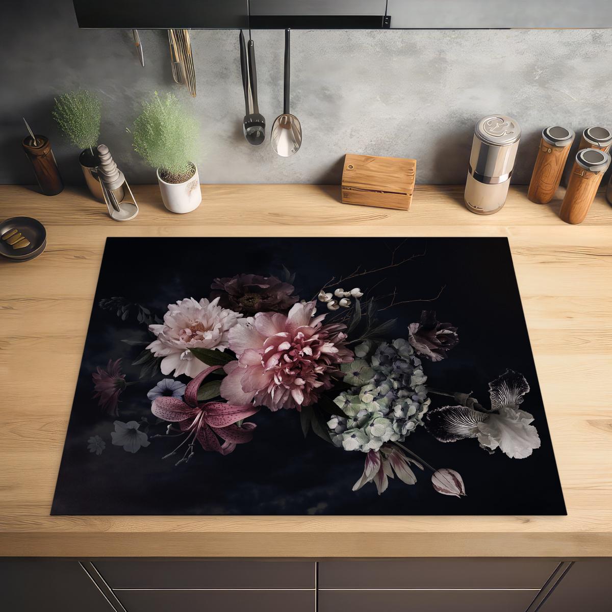 HERDABDECKPLATTE Blumen - Vintage - Pastell - Rosa - Weiß Induktionsmatte 77x59 cm - Altrosa, Kunststoff (77/59/0.2cm) - MuchoWow