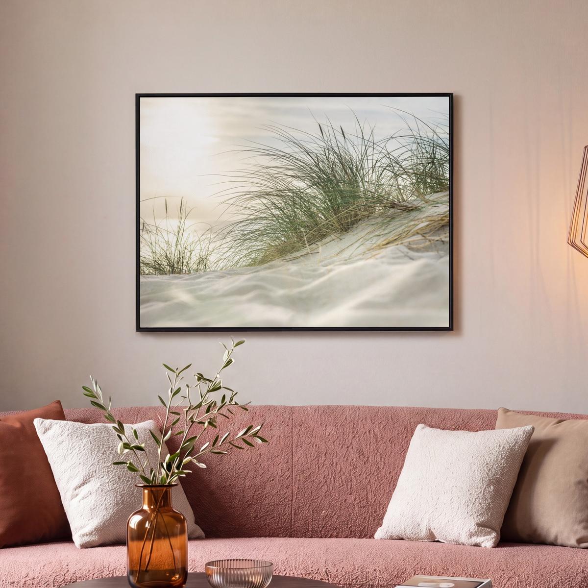 LEINWAND Bilder mit Rahmen - Dünen mit Strandhafer in der Sonne des Nationalparks Schleswig-Holsteinisches Wattenmeer - 80x60 - Creme, Textil (80/60cm) - MuchoWow