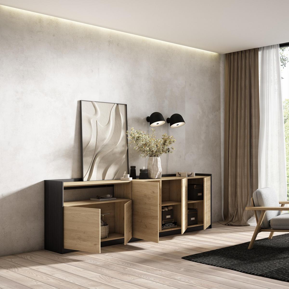 SIDEBOARD, Highboard, Eiche Schwarz, 260/37/80cm - Eichefarben, Holzwerkstoff (260/80/37cm) - Skraut Home