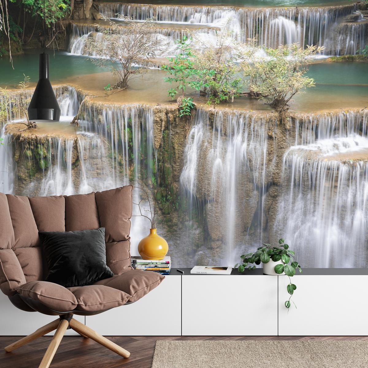 FOTOTAPETE für Wohnzimmer Wasserfall Panorama Pflanzen Natur 250x175 - Blau/Beige, Papier (250/175cm) - Muralo