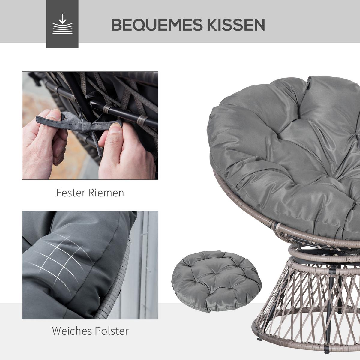 PAPASANSESSEL, Korbsessel, Sessel mit Polster, 360 Grad, Rattan, Grau - Grau, Kunststoff (97/86/87cm) - Outsunny