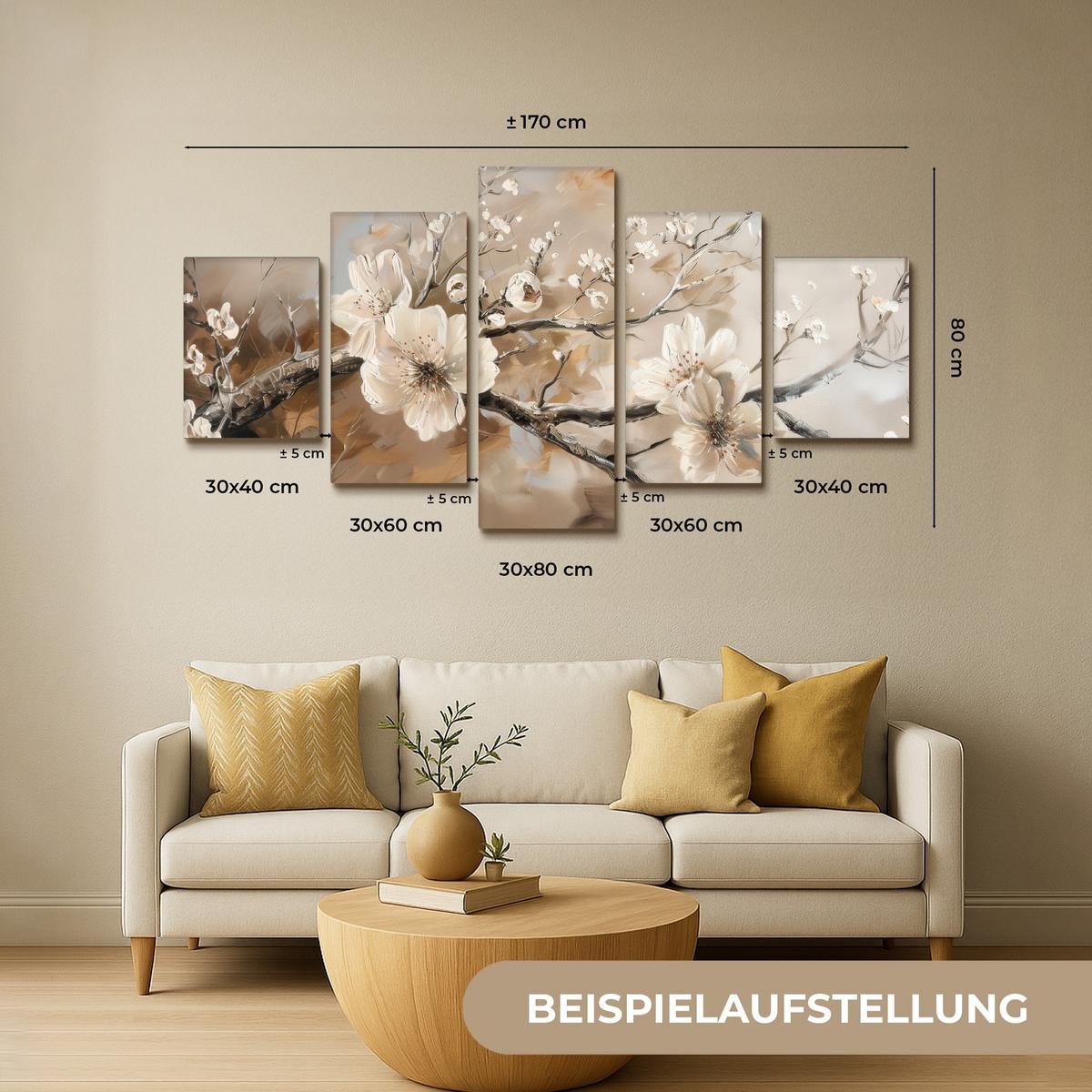 LEINWANDBILD 5er Set Blüte - Beige - Abstrakt - Blumen 150x80 cm - Hellbraun, Textil (150/80cm) - MuchoWow