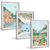 BILDER SET 3er Set - 40x60 cm Silberner Rahmen - Pastellfarbene Küstenansichten - Silberfarben, Kunststoff (40/60cm) - TULUP