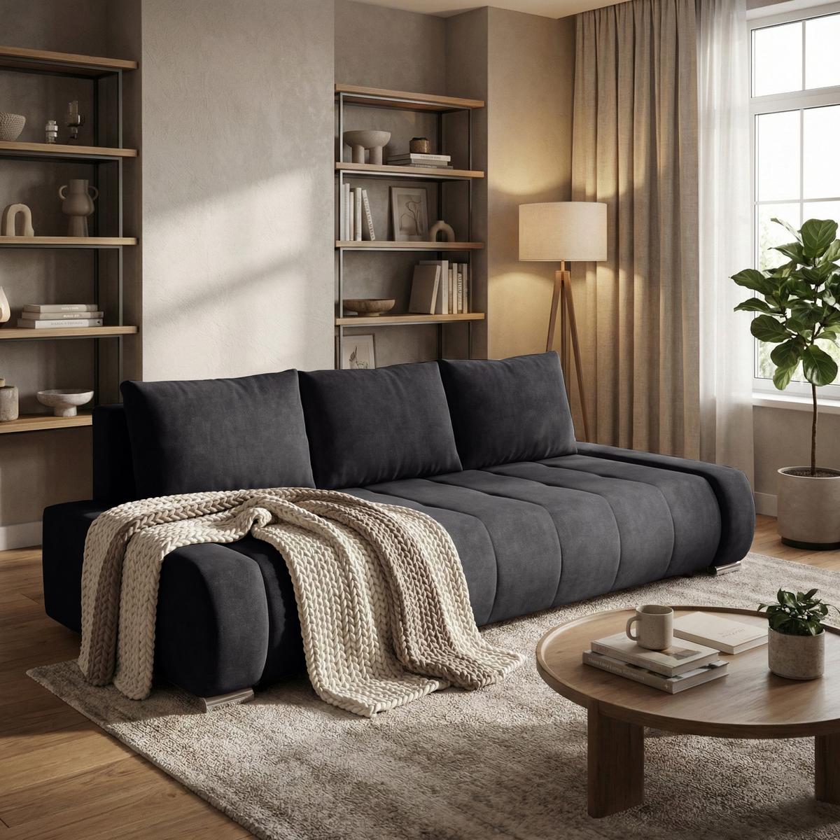 SCHLAFSOFA Draco 3-Sitzer, mit Bettkasten, Anthrazit - Anthrazit, Textil (240/85/110cm) - Beautysofa